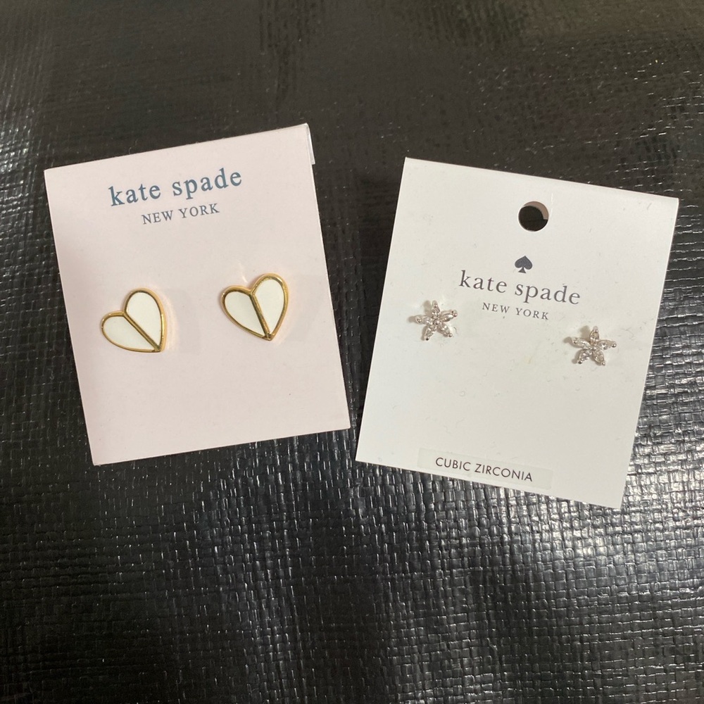 Kate Spade New York Earrings Set of 2 Heart Studs & Starburst CZ Studs NWT